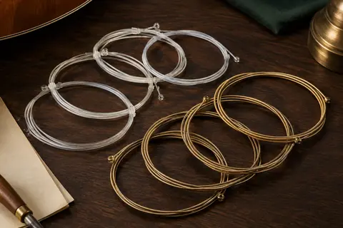 Jeu de cordes pour guitare flamenca en nylon et acier inoxydable posé sur un fond de bois sombre.