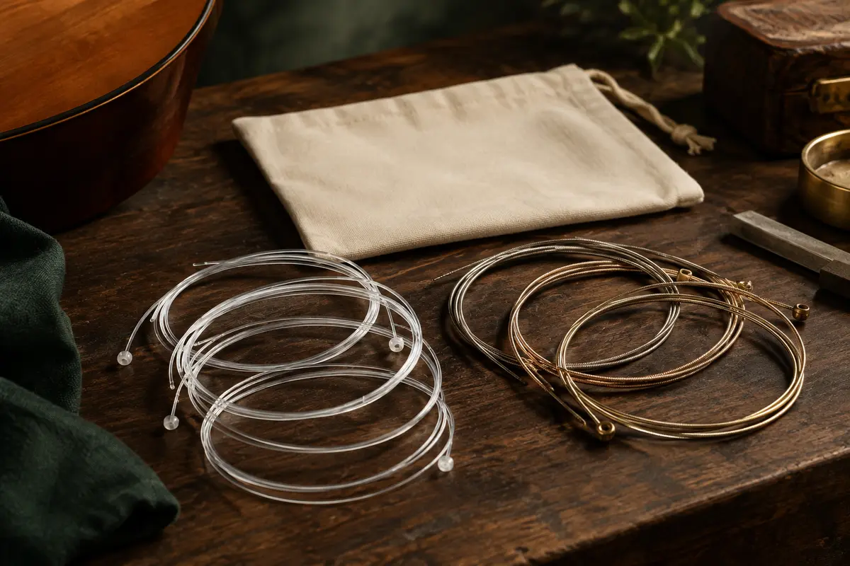 Jeu de cordes pour guitare flamenca avec aiguës en nylon clair et basses métalliques enroulées.