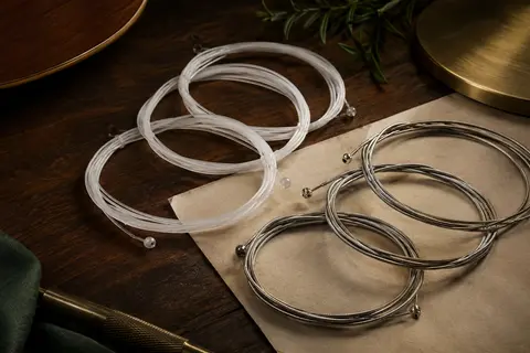 Jeu de cordes pour guitare flamenca, avec aigus en nylon clair et basses métalliques argentées