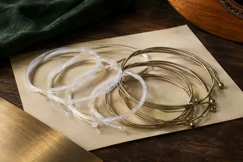 Jeu de cordes pour guitare flamenca en nylon clair et inox, présenté sur un fond de bois sombre