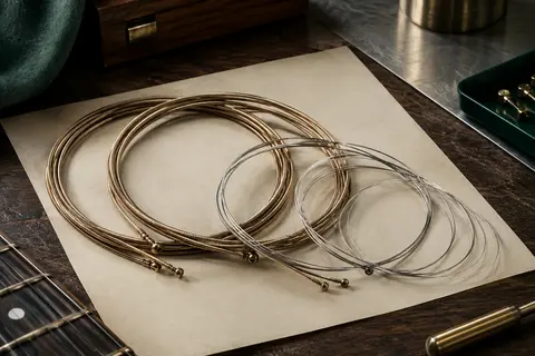 Jeu de cordes de guitare à filet plat en nickel, disposé en boucles sur un fond d’atelier sombre