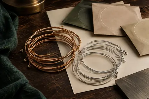 Cordes acoustiques en acier et bronze enroulées, avec leurs emballages individuels neutres sur un fond de bois sombre