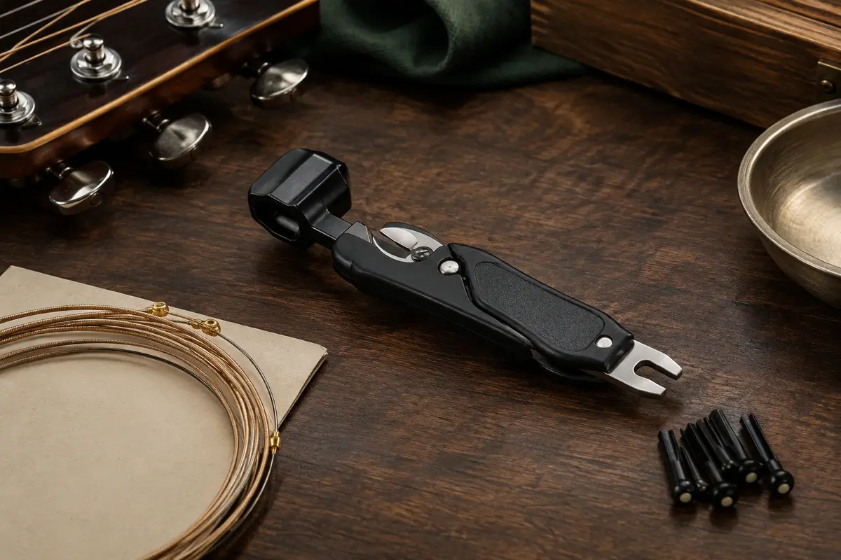 Outil noir 3-en-1 pour guitare posé sur un établi en bois sombre, avec ses parties métalliques visibles.