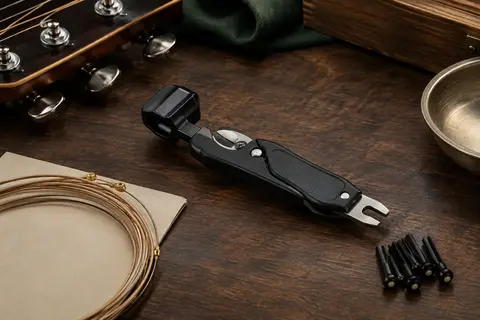 Outil noir 3-en-1 pour guitare posé sur un établi en bois sombre, avec ses parties métalliques visibles.