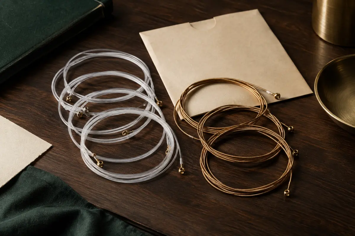 Cordes en nylon pour guitare classique disposées sur un fond de bois sombre et de papier ivoire