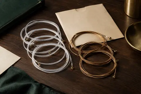 Cordes en nylon pour guitare classique disposées sur un fond de bois sombre et de papier ivoire