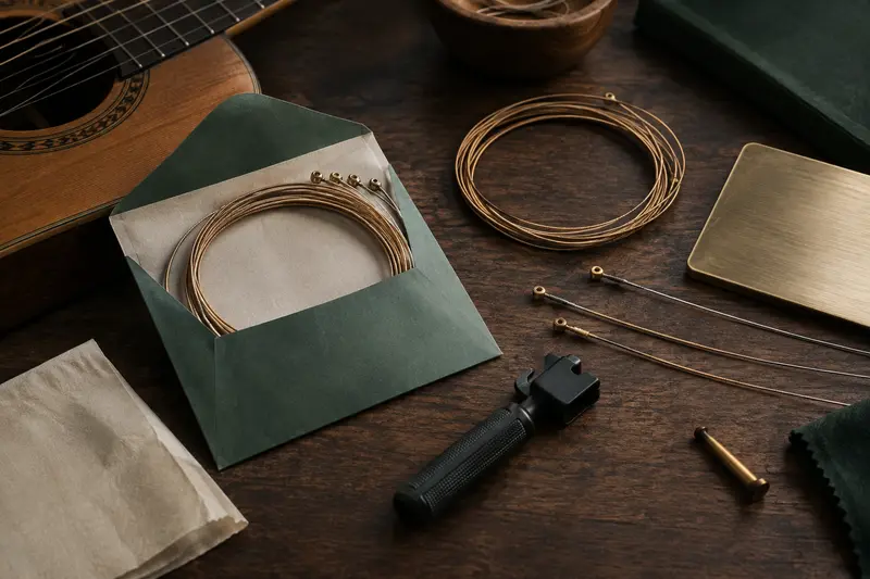 Cordes de guitare et outil de remplacement présentés dans une composition éditoriale soignée