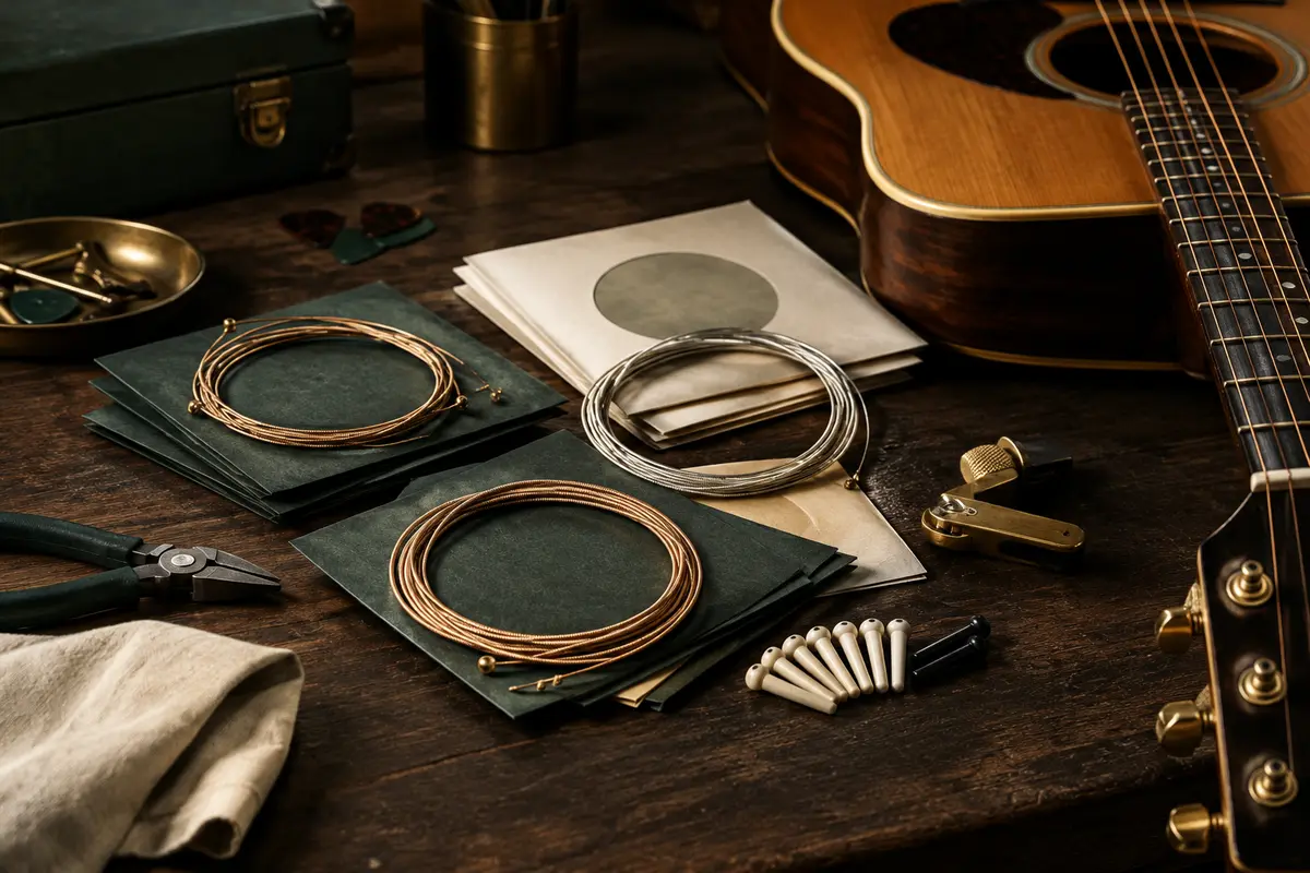 Jeux de cordes pour guitare et accessoires disposés dans une ambiance d’atelier musical